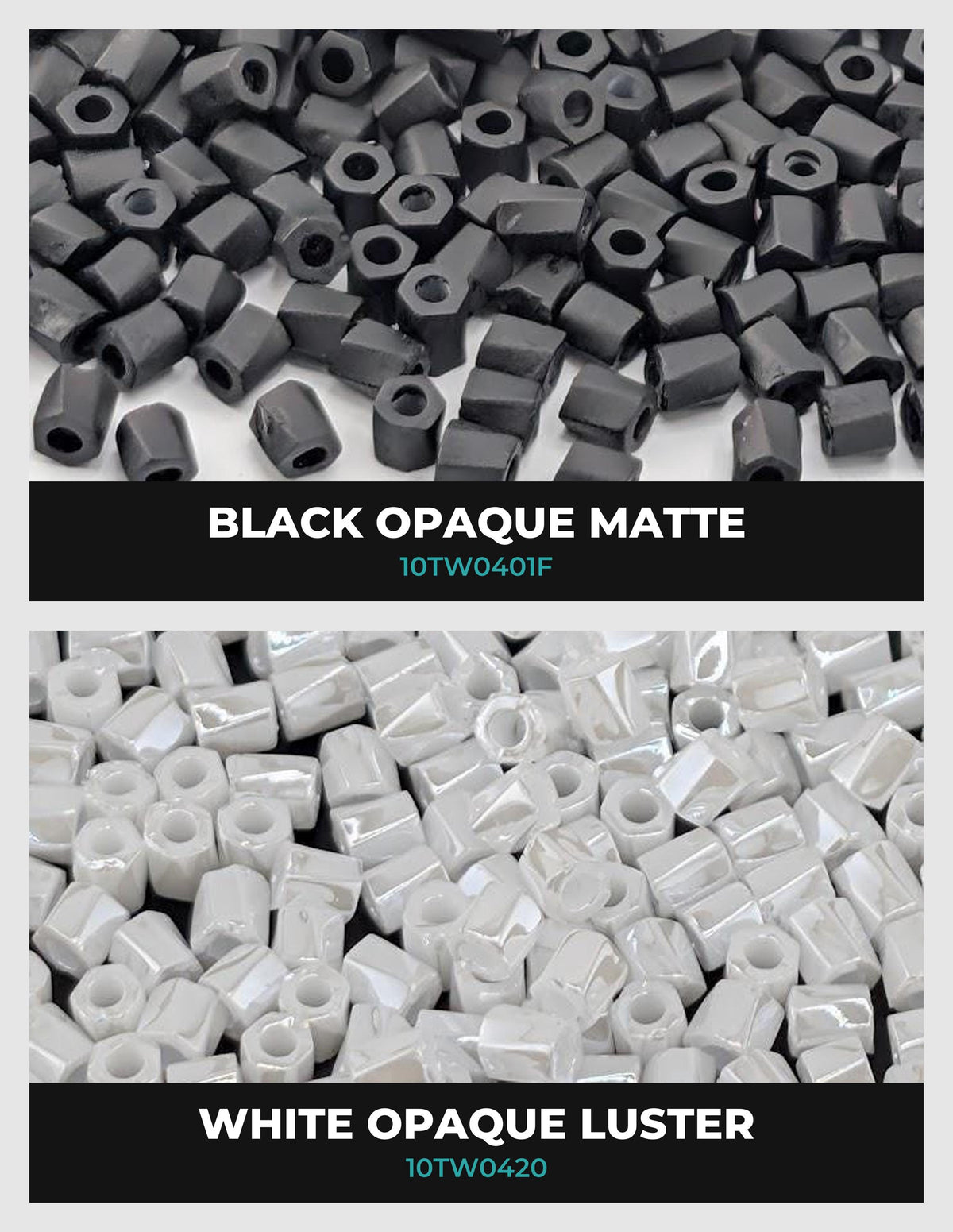 two different types of black and white beads, with the text "BLACK OPaque Matte" and "WHITE Opaque Luster" indicating the color of the beads.
