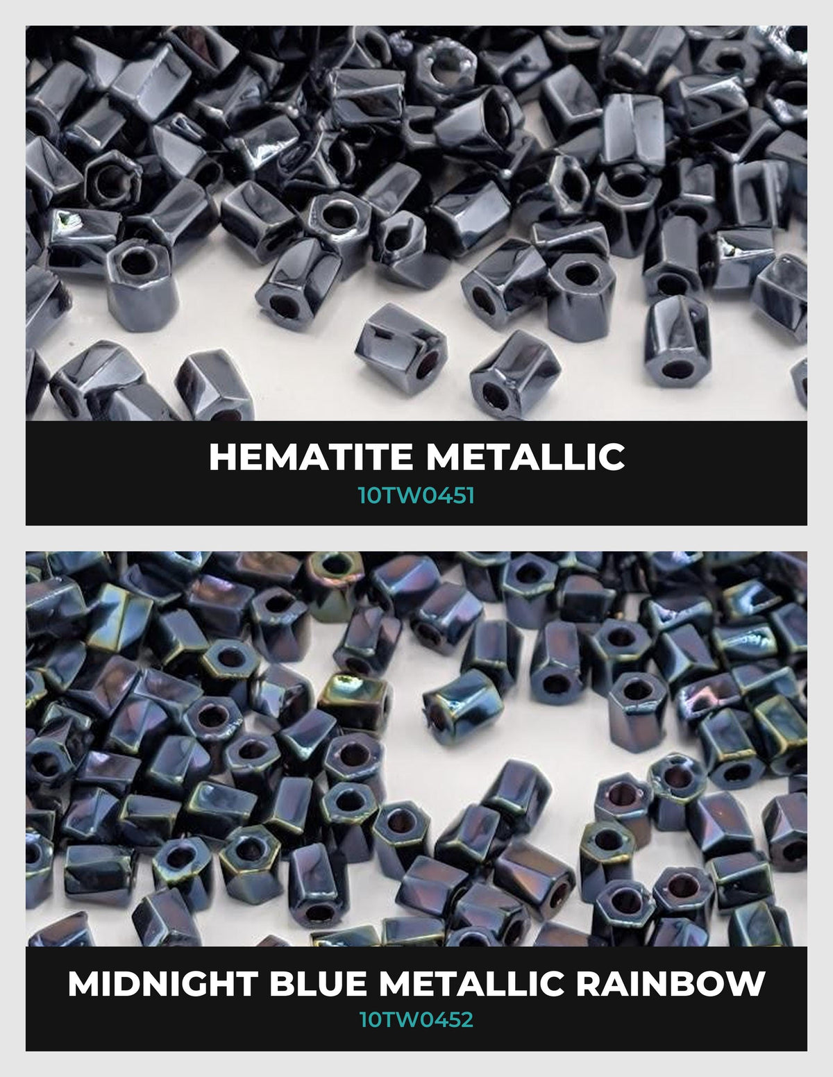 two separate images of metallic beads. The first image shows a large pile of metallic beads in various shades of black, while the second image displays a smaller pile of metallic beads in different shades of blue. The text above the images reads "HEMATITE METALIC" and "MIDNIGHT BLUE METALIC RAYBOW" respectively.
