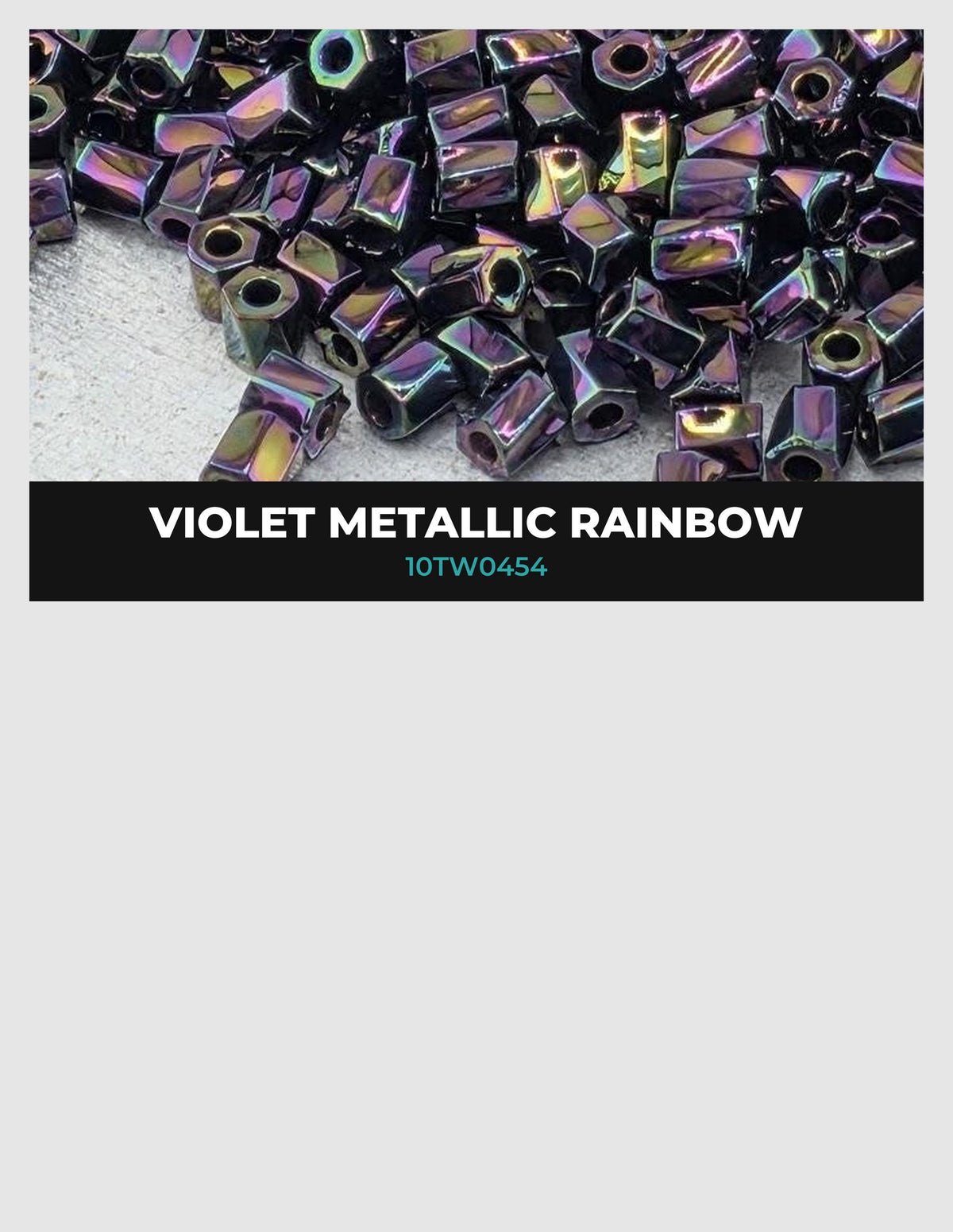 The image is a close-up of a pile of multicolored metal beads, with a focus on the metallic rainbow colors.