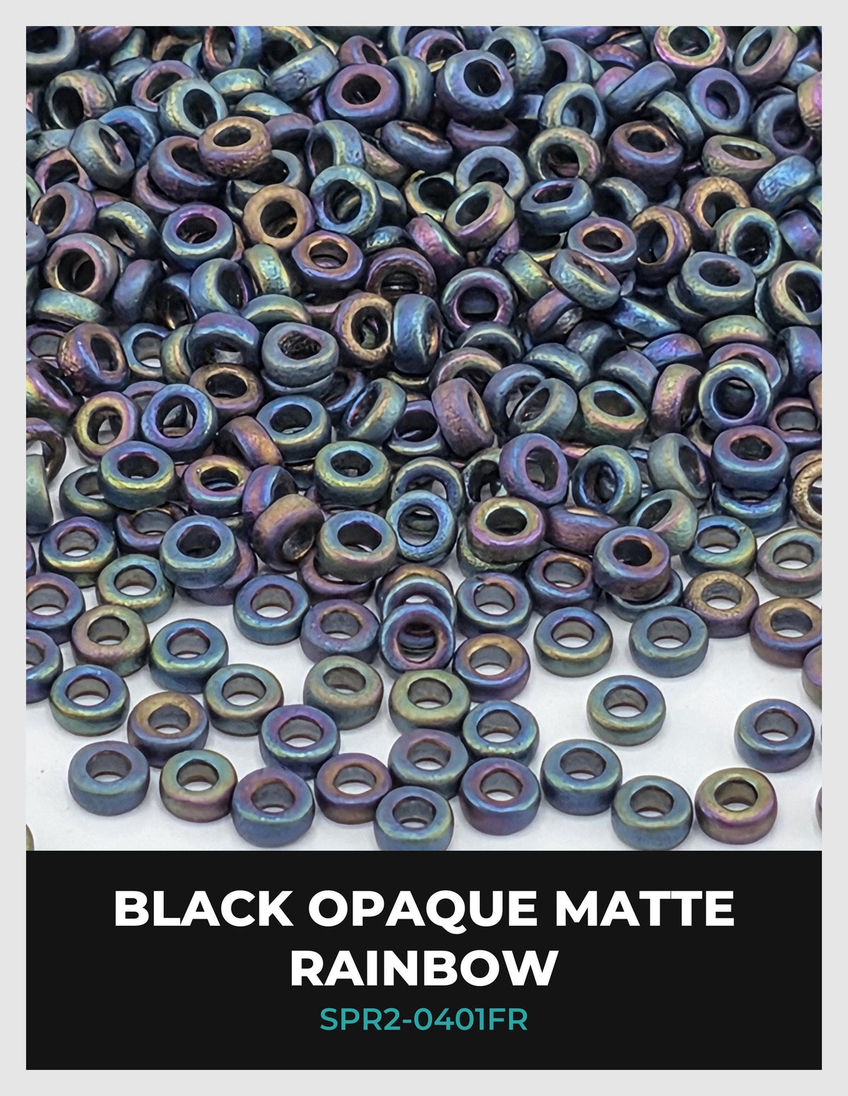 The image is a close-up of a pile of multicolored glass beads, with a focus on the black beads.
