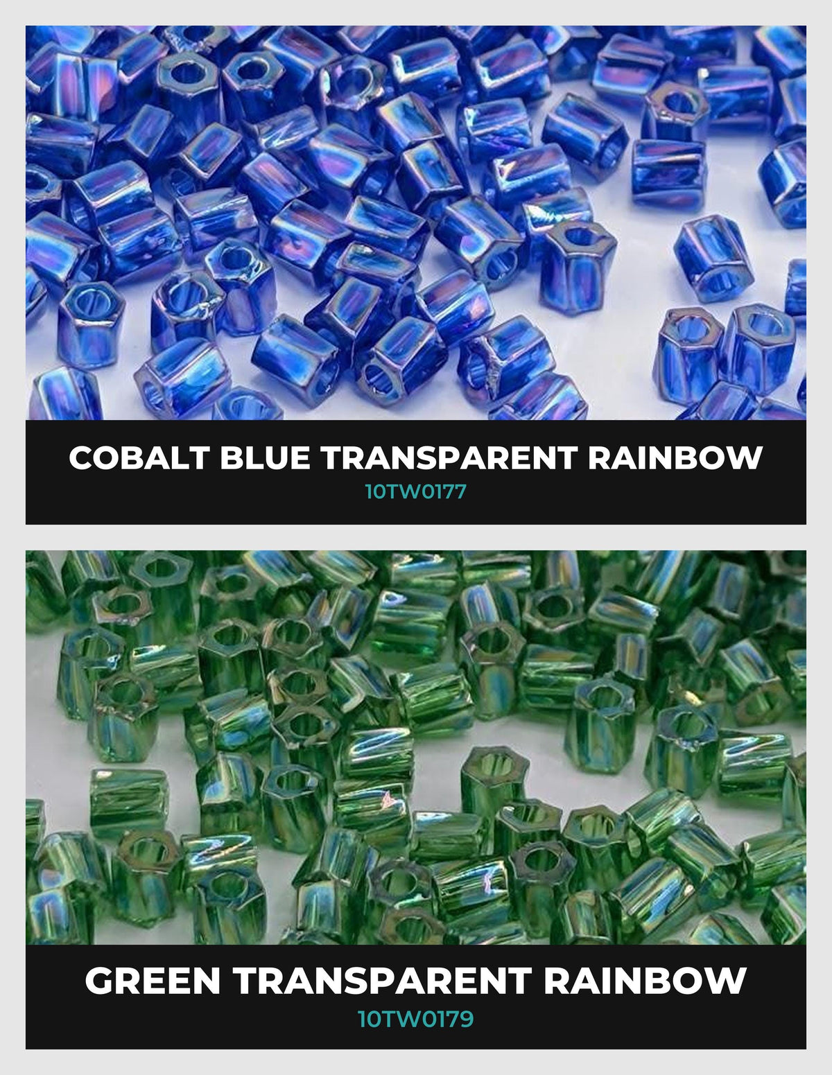 The image is a collage of two images, each depicting a different color of transparent rainbow beads. The top image shows cobalt blue transparent rainbow beads, while the bottom image shows green transparent rainbow beads.