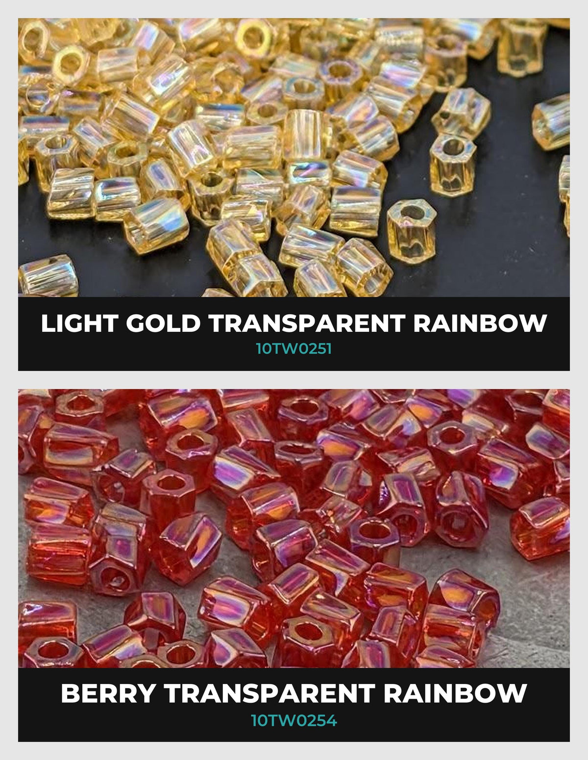 two different types of transparent rainbow beads, one with a light gold color and the other with a berry color.