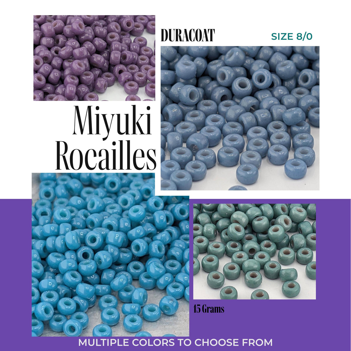 The image is a collage of three images showing different sizes of blue and purple beads, with the text "DURAcoat" and "15g" indicating the type and weight of the beads.