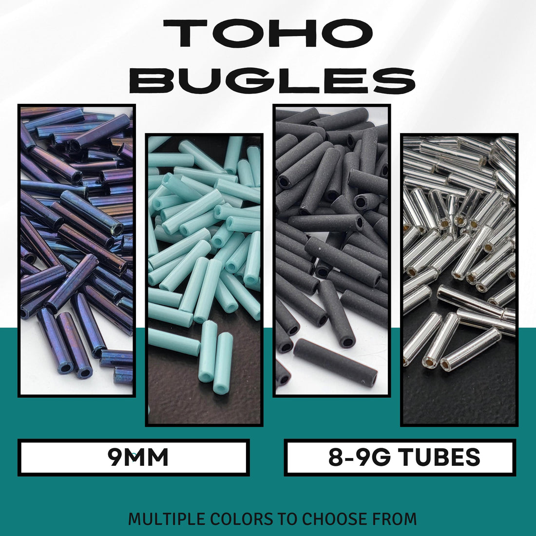 The image is a collage of four images, each depicting a different type of tube or bead, with the text "TOTO BUGLES" and "9mm" and "8-9G TUBES" indicating the sizes and types of the tubes shown.