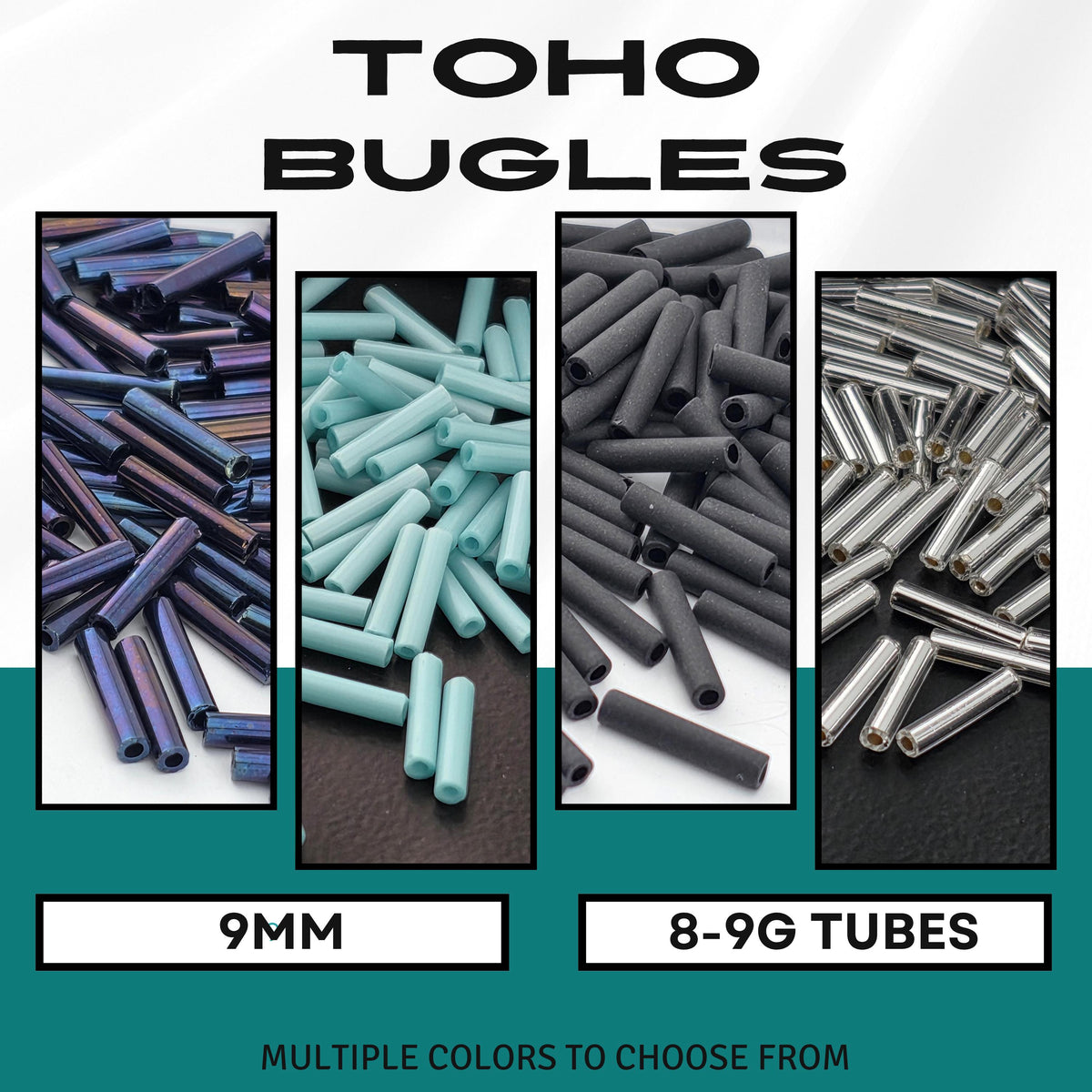 The image is a collage of four images, each depicting a different type of tube or bead, with the text "TOTO BUGLES" and "9mm" and "8-9G TUBES" indicating the sizes and types of the tubes shown.