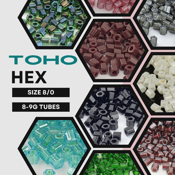 The image is a collage of various hexagonal shapes filled with different colored beads, including green, brown, black, and red beads.