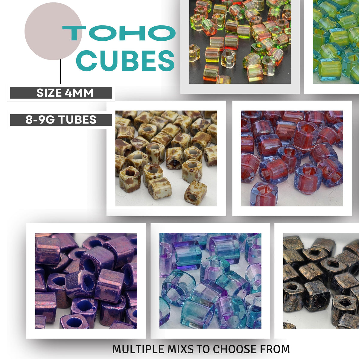 The image is a collage of various colorful glass beads, including Toho cubes and 8-9G tubes, with a focus on the different sizes and shapes of the beads.