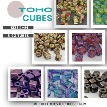 The image is a collage of various colorful glass beads, including Toho cubes and 8-9G tubes, with a focus on the different sizes and shapes of the beads.