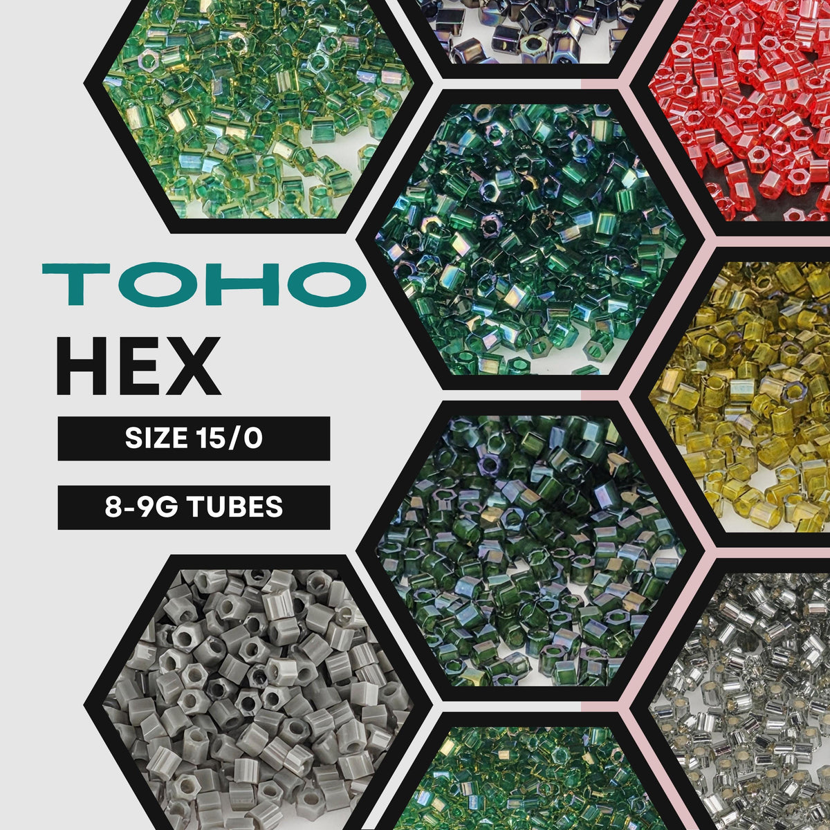 The image is a collage of various hexagonal shapes filled with different colored beads, showcasing a variety of colors and patterns.
