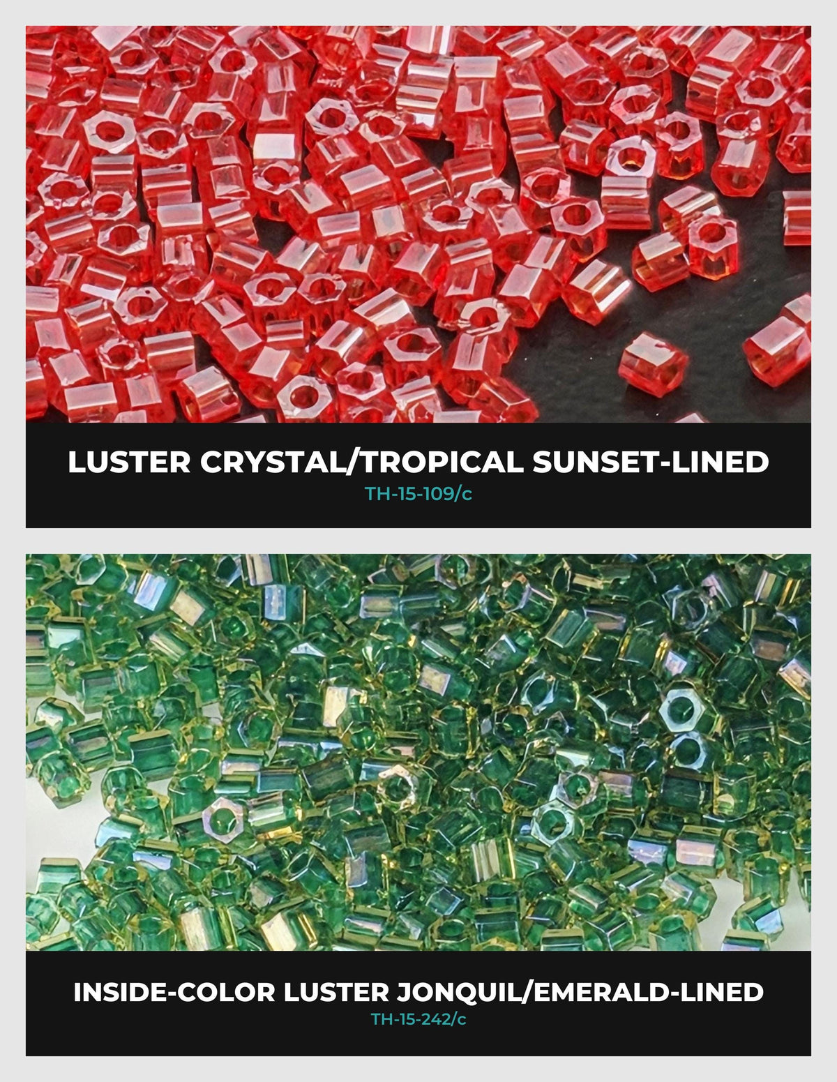 two separate sections, each with a different color of beads. The first section has red beads, and the second section has green beads.
