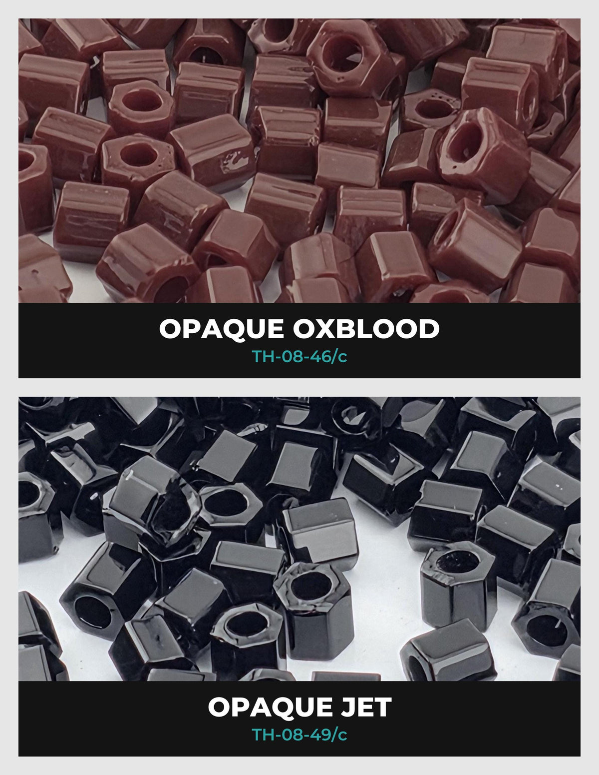two separate sections, each with a different color of hexagonal nuts or bolts. The top section shows a close-up of red hexagonal nuts, while the bottom section displays black hexagonal nuts.