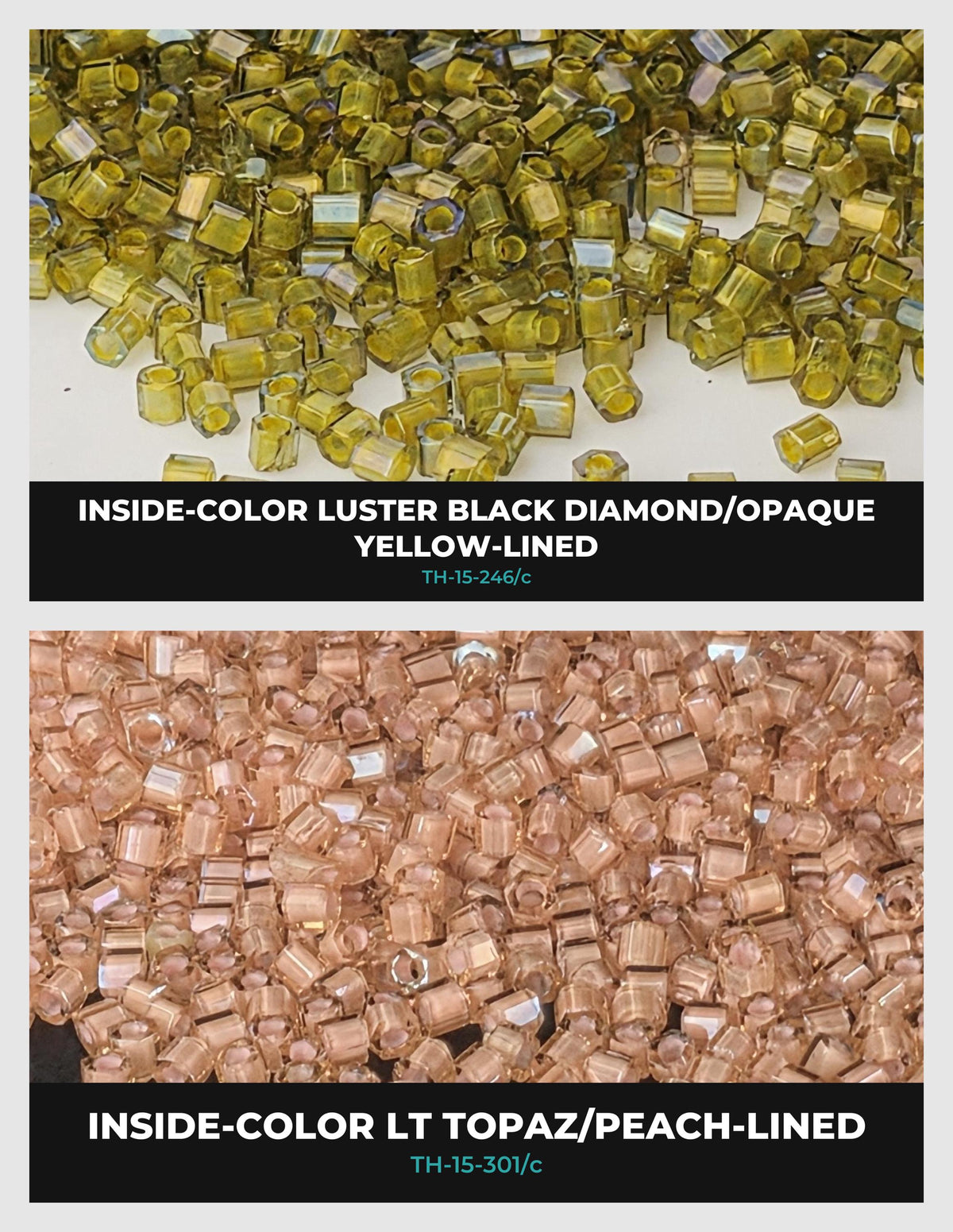 The image is a collage of two images showing different colored beads, with text providing information about the colors and types of beads.
