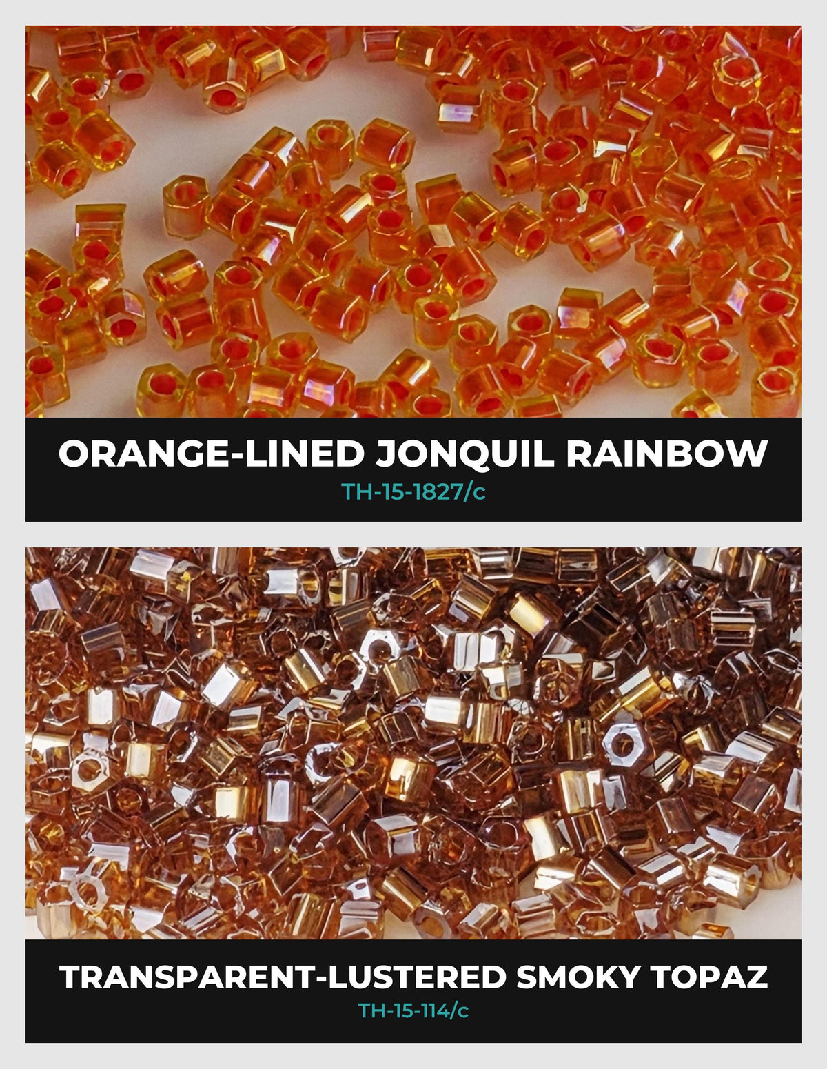 The image is a collage of two images, each depicting a different type of colored beads or glass pieces. The top image shows a collection of orange-colored beads, while the bottom image shows a collection of gold-colored beads. The text above each image identifies the type of beads or glass pieces shown, with the top image labeled "ORANGE-LINED JONQUIL RAINBOW" and the bottom image labeled "TRANSPARENT-LUSTERED SMOKY TOPAZ".