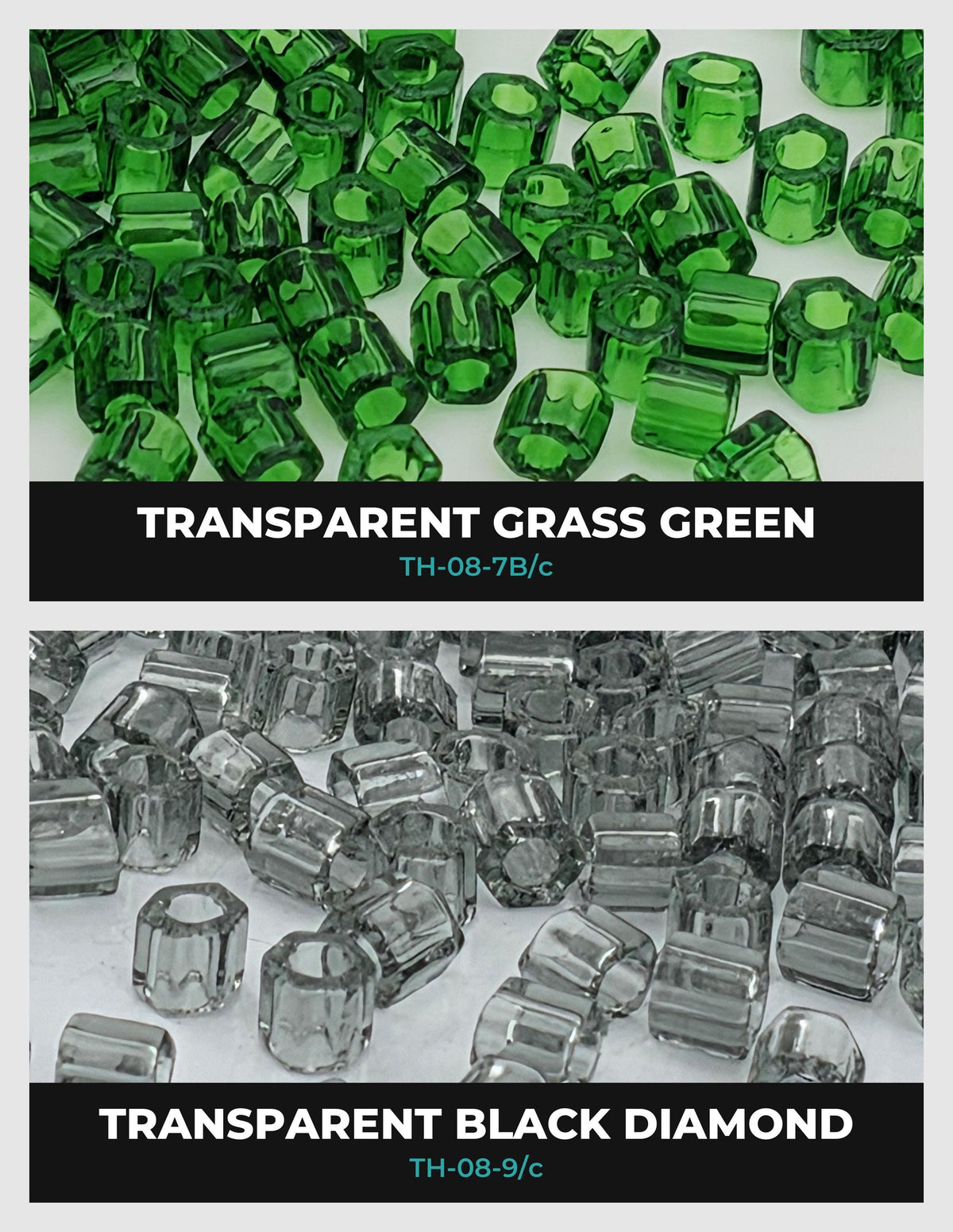 The image is a collage of two images, each showing a different color of glass beads. The top image displays green glass beads, while the bottom image shows black glass beads.