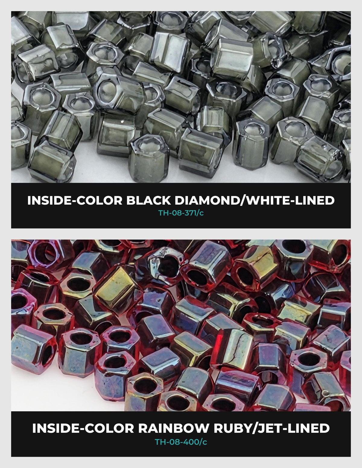 The image is a collage of two images, each showing a different color of diamond-shaped nuts or bolts. The first image displays black diamonds, while the second image shows red diamonds. The text above each image identifies the color of the diamonds as "Inside-Color Black Diamond/White-Lined" and "Inside-Color Rainbow Ruby/Jet-Lined".