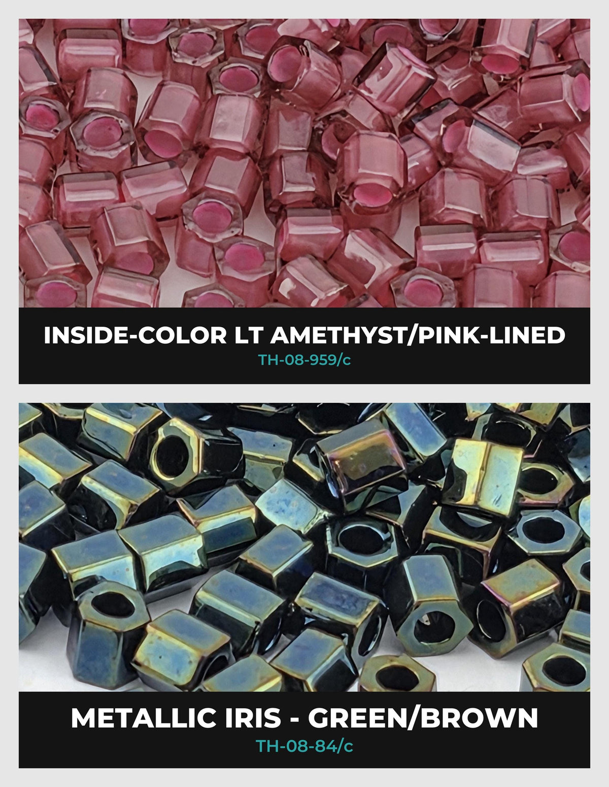 two separate sections, each showcasing a different type of metal bead. The first section displays a collection of pink-colored metal beads, while the second section features a variety of green and brown metal beads.