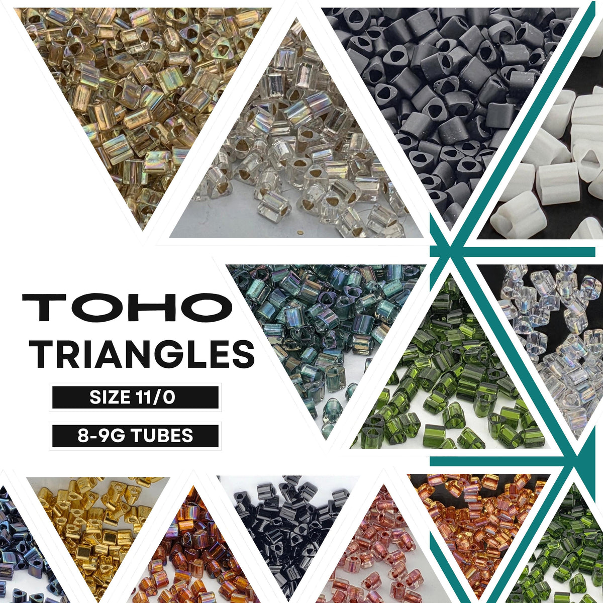 The image is a collage of various sizes and shapes of beads, including glass and plastic beads, arranged in a visually appealing manner.