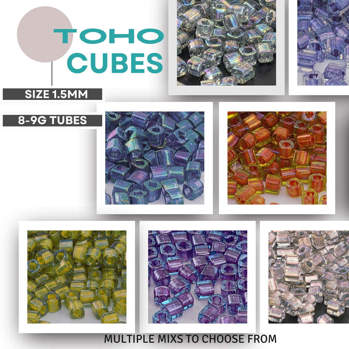 The image is a collage of various colored glass beads, including blue, green, purple, and orange beads, arranged in different sizes and shapes.
