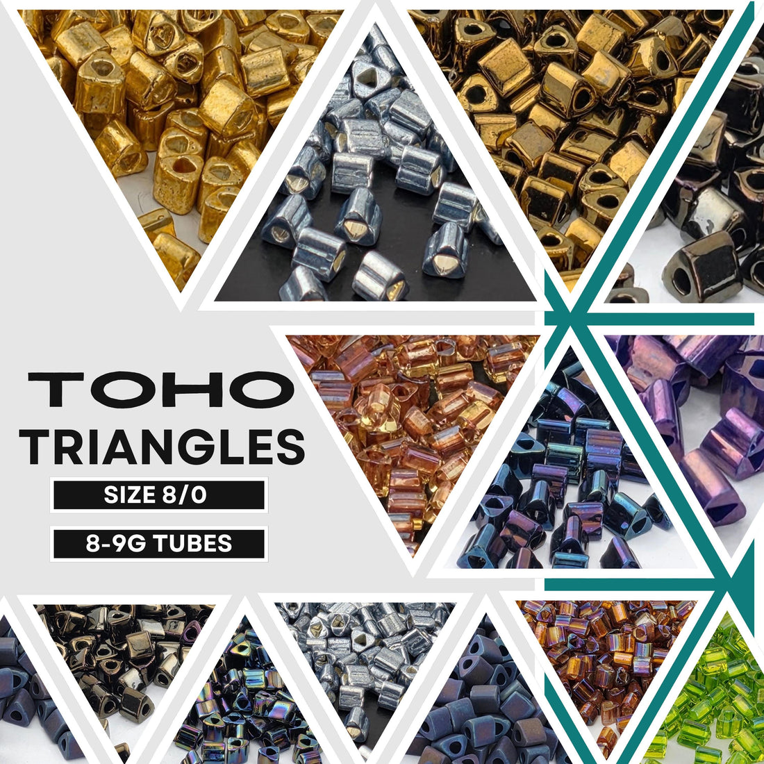 The image is a collage of various sizes and shapes of beads, including gold, silver, and multicolored beads, arranged in a visually appealing manner.