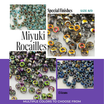 The image is a collage of four different images showcasing various types of beads, including Miyuki Rocailes and other colorful beads. The collage is labeled as "Special Finishes" and "Size 8/0", indicating that it contains multiple colors to choose from. The image also displays the text "15 Grams" and "MULTIPLE COLORS TO CHOOSE FROM", suggesting that the beads are available in different sizes and colors.