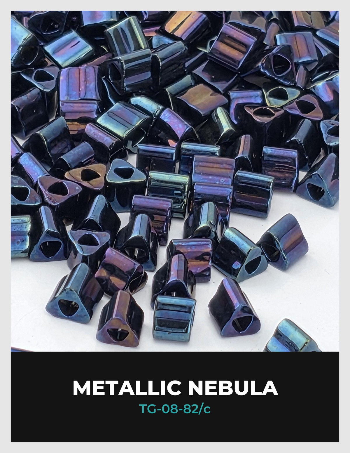 The image is a close-up of numerous metallic nebula beads, with a variety of colors and shapes. The text "METALLIC NEBULA" is prominently displayed, along with the temperature range "TG-08-82°C".