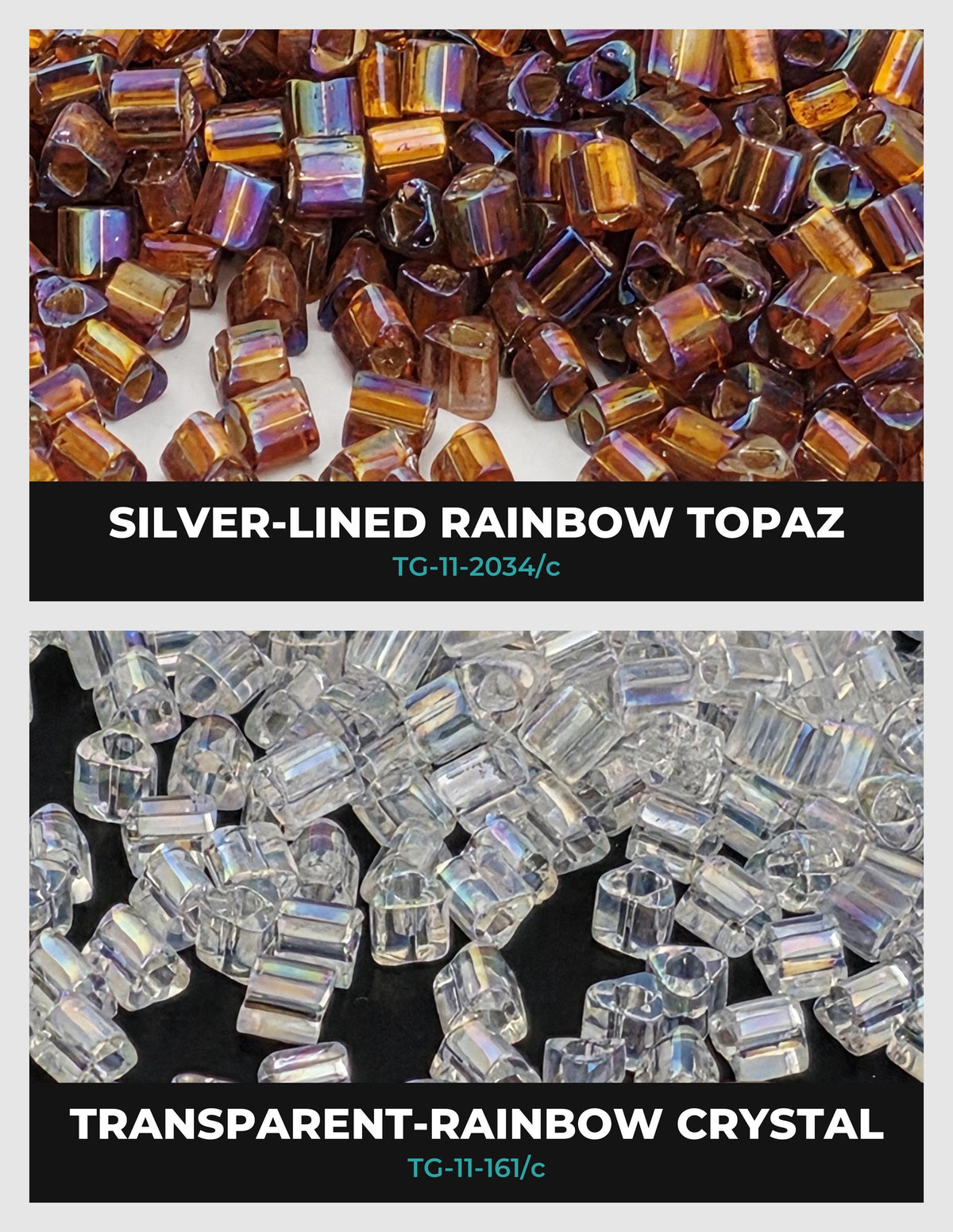 two separate sections, each showcasing a different type of gemstone: silver-lined rainbow topaz and transparent rainbow crystal. The topaz section features a close-up view of the gemstones, while the crystal section provides a broader perspective of the gemstones scattered across the surface.
