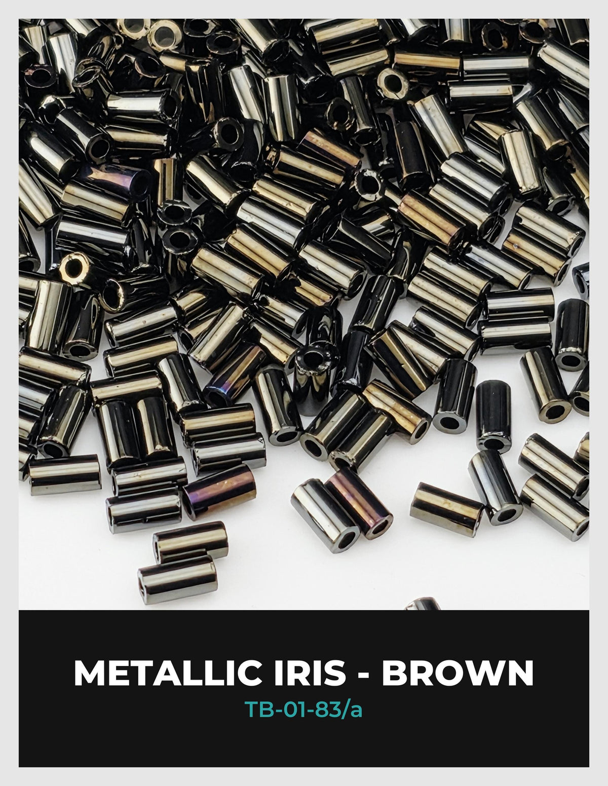The image is a close-up of numerous metallic beads in various shades of brown, scattered across a white background.