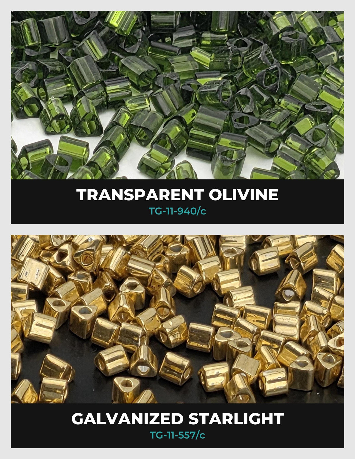 The image is a collage of two images, each showing a different type of gemstone bead. The top image displays a pile of green transparent olivine beads, while the bottom image shows a pile of gold-colored halogenized starlight beads.