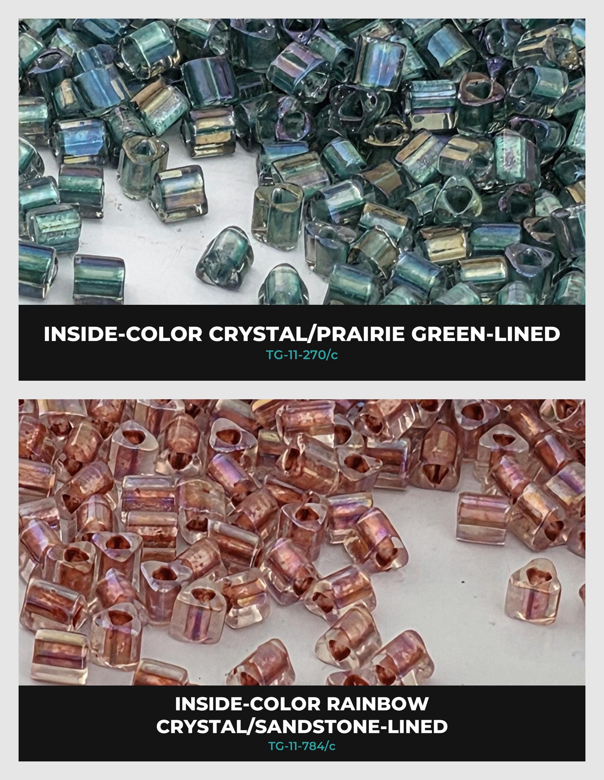 The image is a collage of two images showing different types of beads, including crystal/prairie green-lined beads and rainbow-colored beads.