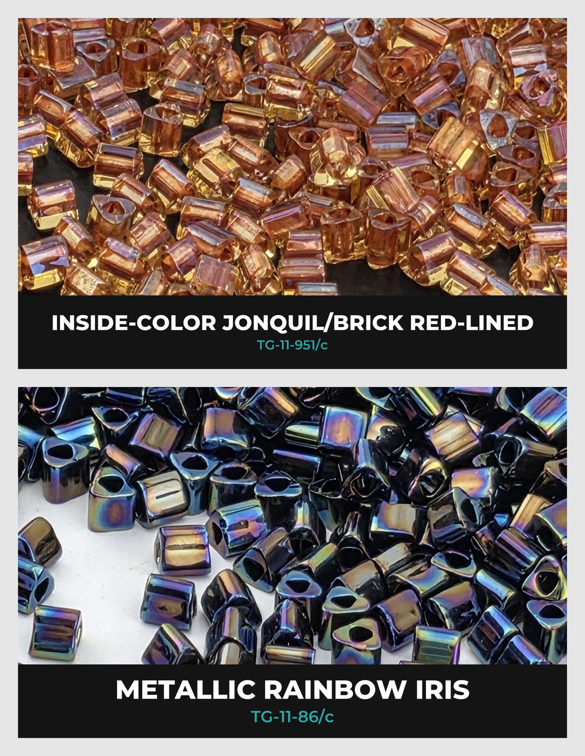 two separate sections, each showcasing a different type of bead. The first section displays a collection of gold-colored beads, while the second section features a collection of blue-colored beads. The text above each section identifies the type of bead as "Inside-Color Jonquil/Brick Red-lined" and "Metallic Rainbow Iris" respectively.