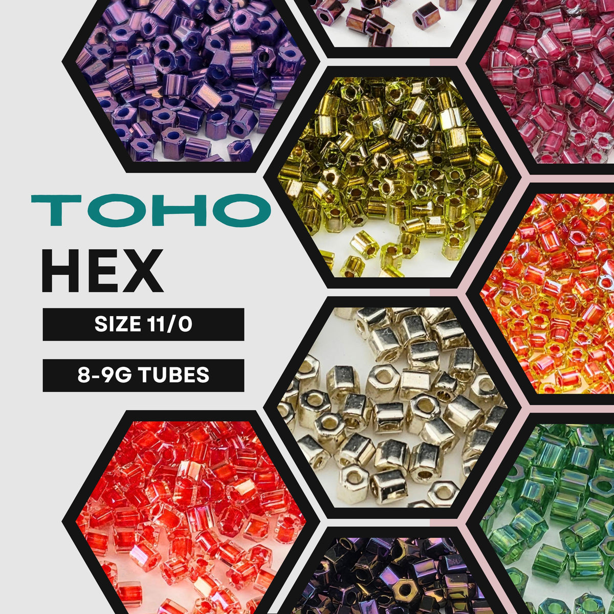 The image is a collage of various hexagonal shapes filled with different colored beads, including purple, green, orange, and yellow beads.