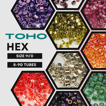 The image is a collage of various hexagonal shapes filled with different colored beads, including purple, green, orange, and yellow beads.