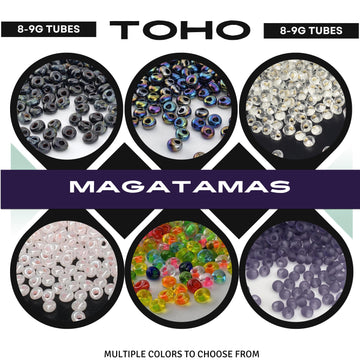 The image is a collage of six images, each containing a different type of bead, including black, purple, and multicolored beads. The text above the images reads "8-9G TUBES" and "TOHO 8-9G TUBES", indicating the variety of beads available. The central image is labeled "MAGATAMAS", and the bottom text states "MULTIPLE COLORS TO CHOOSE FROM".