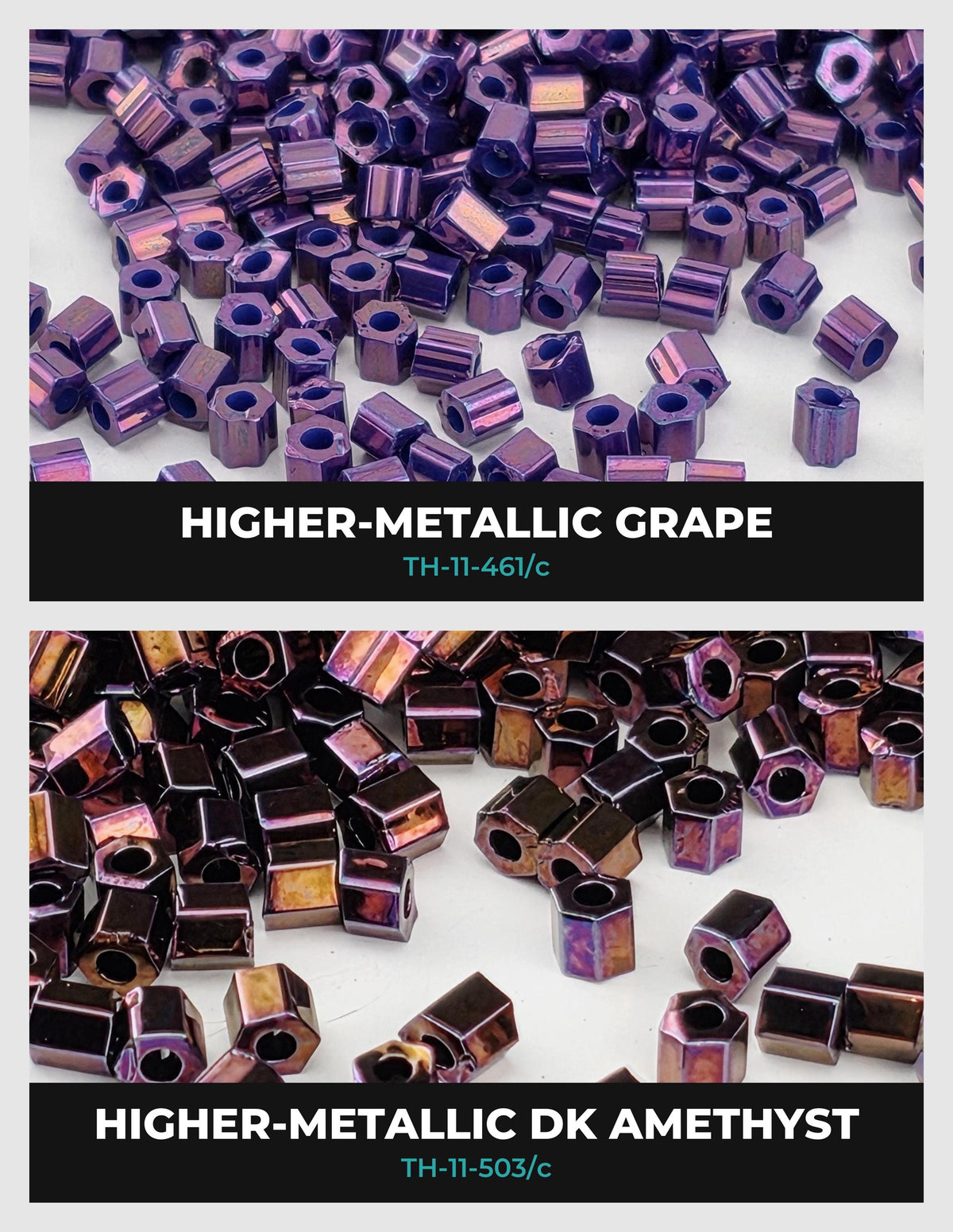 two different types of metallic beads, one being a higher metallic grape and the other being a higher metallic DK amethyst. The beads are arranged in a visually appealing manner, showcasing their unique colors and textures.