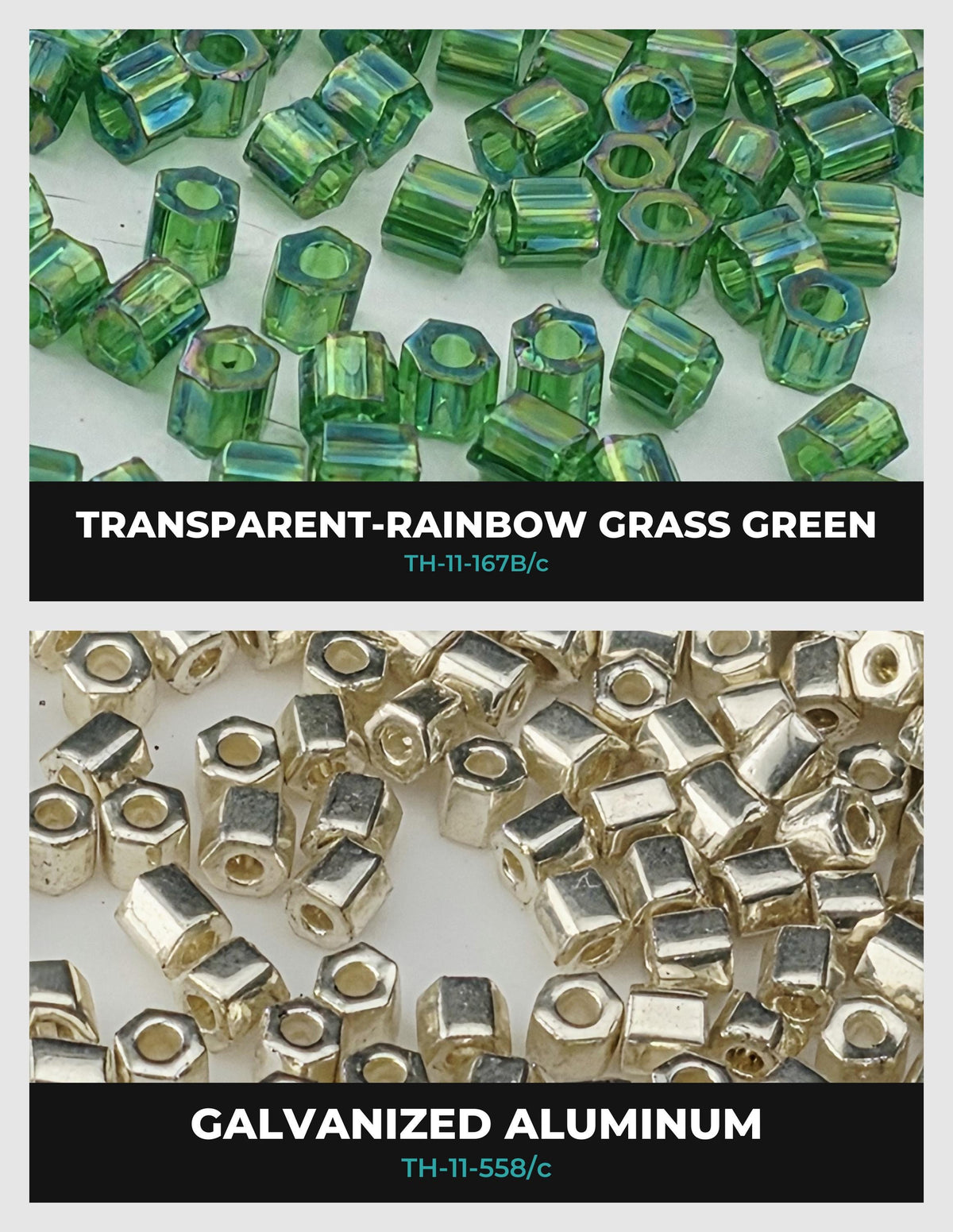two different types of beads: transparent rainbow grass green and gilded aluminum. The transparent green beads are arranged in a pattern, while the gilded aluminum beads are scattered randomly.