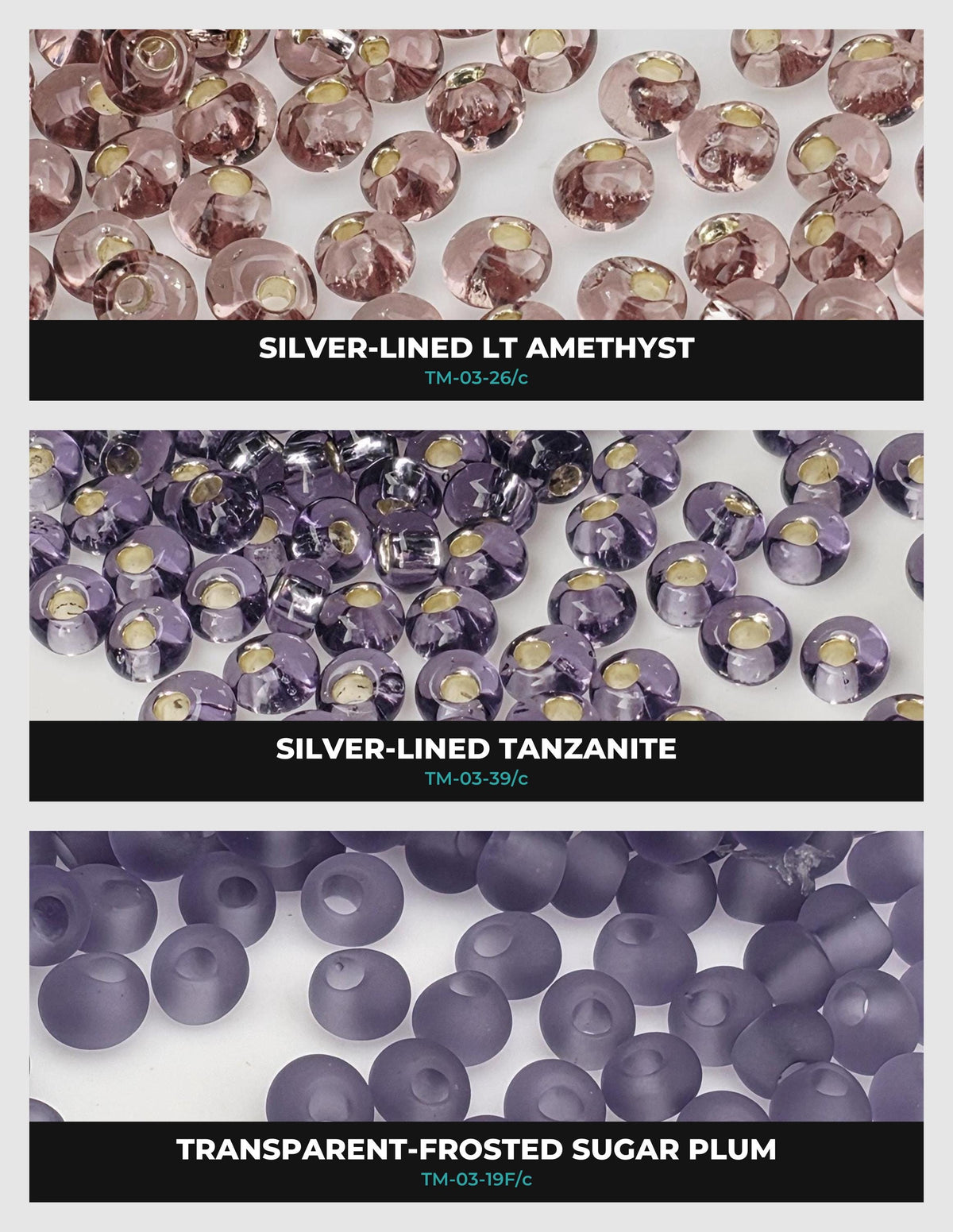 three different types of beads: silver-lined amethyst, silver-lined tanzaniumite, and transparent-frosted sugar plum. Each type of bead has a unique color and texture, making them visually distinct from one another.