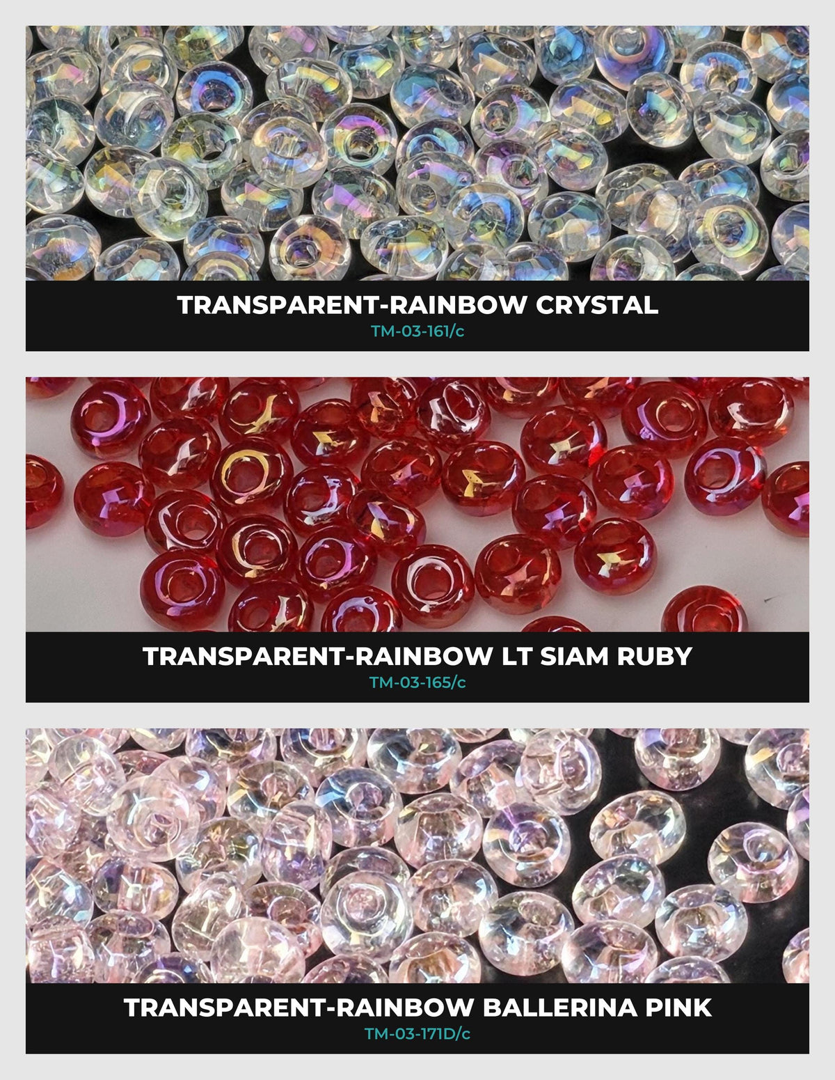 three separate images of transparent-rainbow crystal beads in different colors: clear, red, and pink.