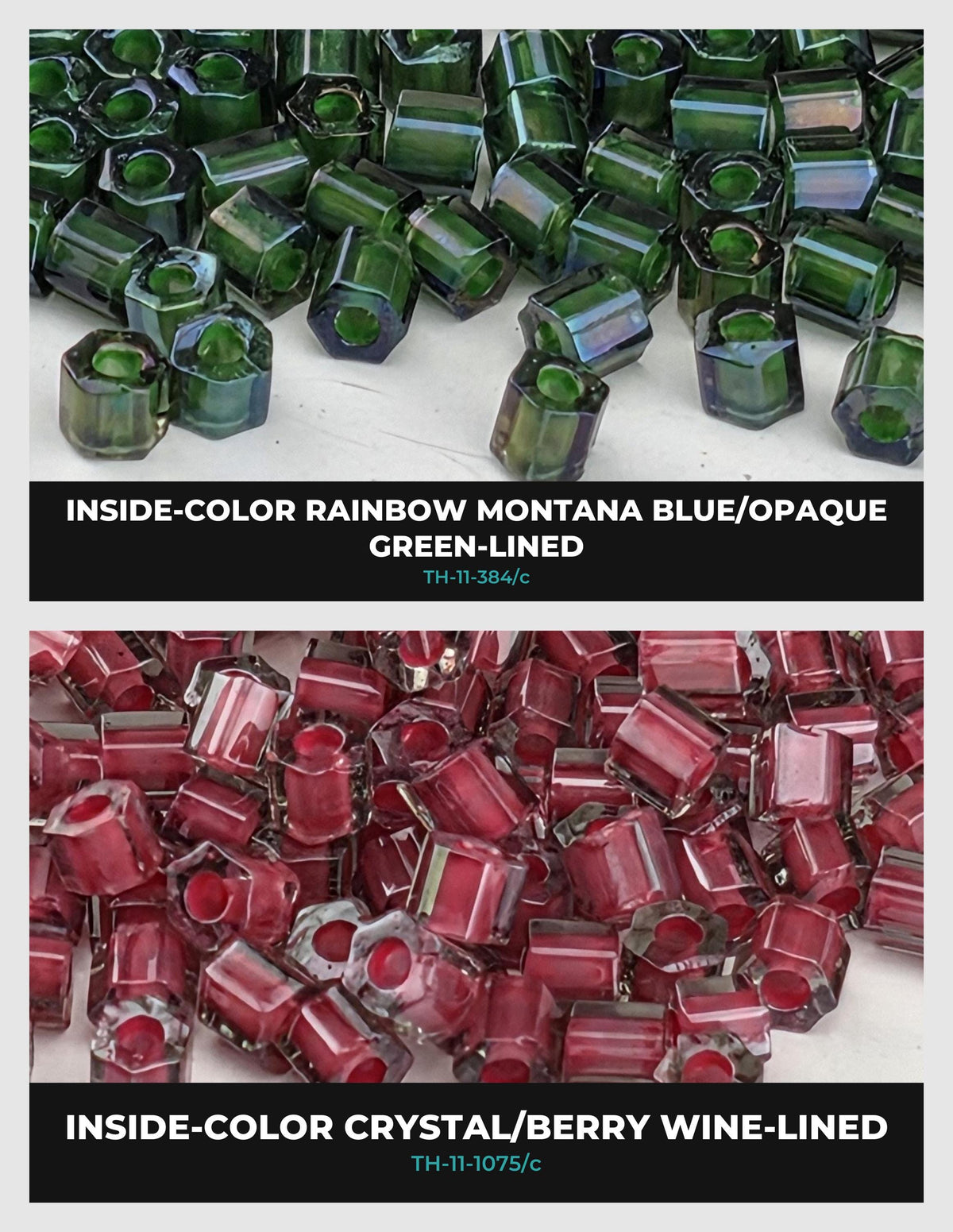 The image is a collage of two images, each showing a different type of crystal bead. The first image displays green crystal beads, while the second image shows red crystal beads. The text above the images reads "INSIDE-COLOR RAINBOW MONTANA BLUE/OPaque GREEN-LINED" and "INSIDE-COLOR CRYSTAL/BERRY WINE-LINED TH-11-1075/c".