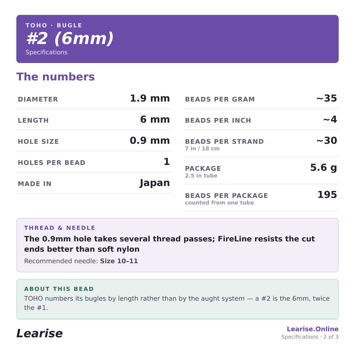 a collection of specifications for a 6mm bead, including details about the bead's dimensions, thread and needle, and recommended bead size.
