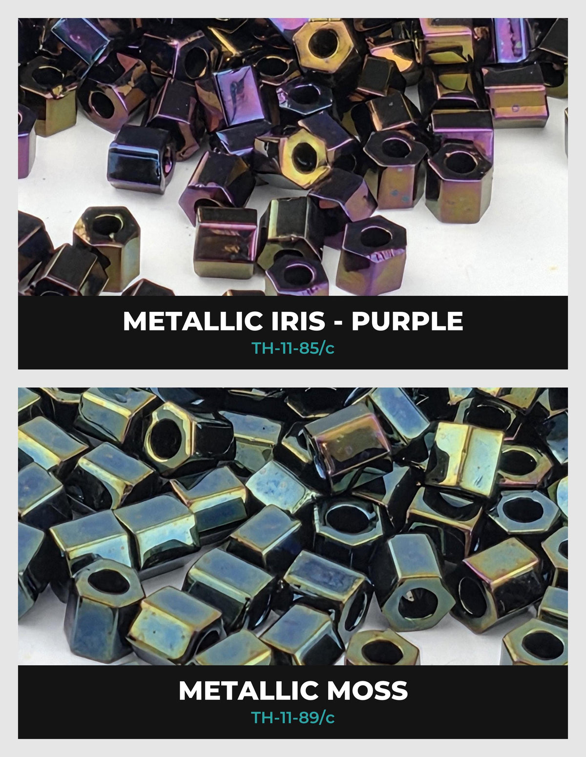 two separate sections, each showcasing a different type of metal bead. The first section displays metallic iris beads in purple, while the second section features metallic purple beads. The beads are arranged in a visually appealing manner, with the metallic iris beads in the top section and the metallic purple beads in the bottom section.