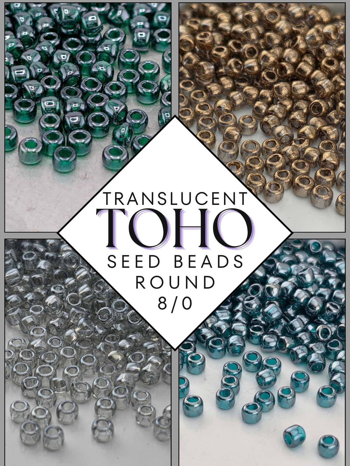 The image is a collage of four images showing different types of seed beads, including green, silver, gold, and blue beads.