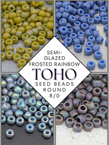 The image is a collage of four images showing different types of seed beads, including glazed, frosted rainbow, and round beads.