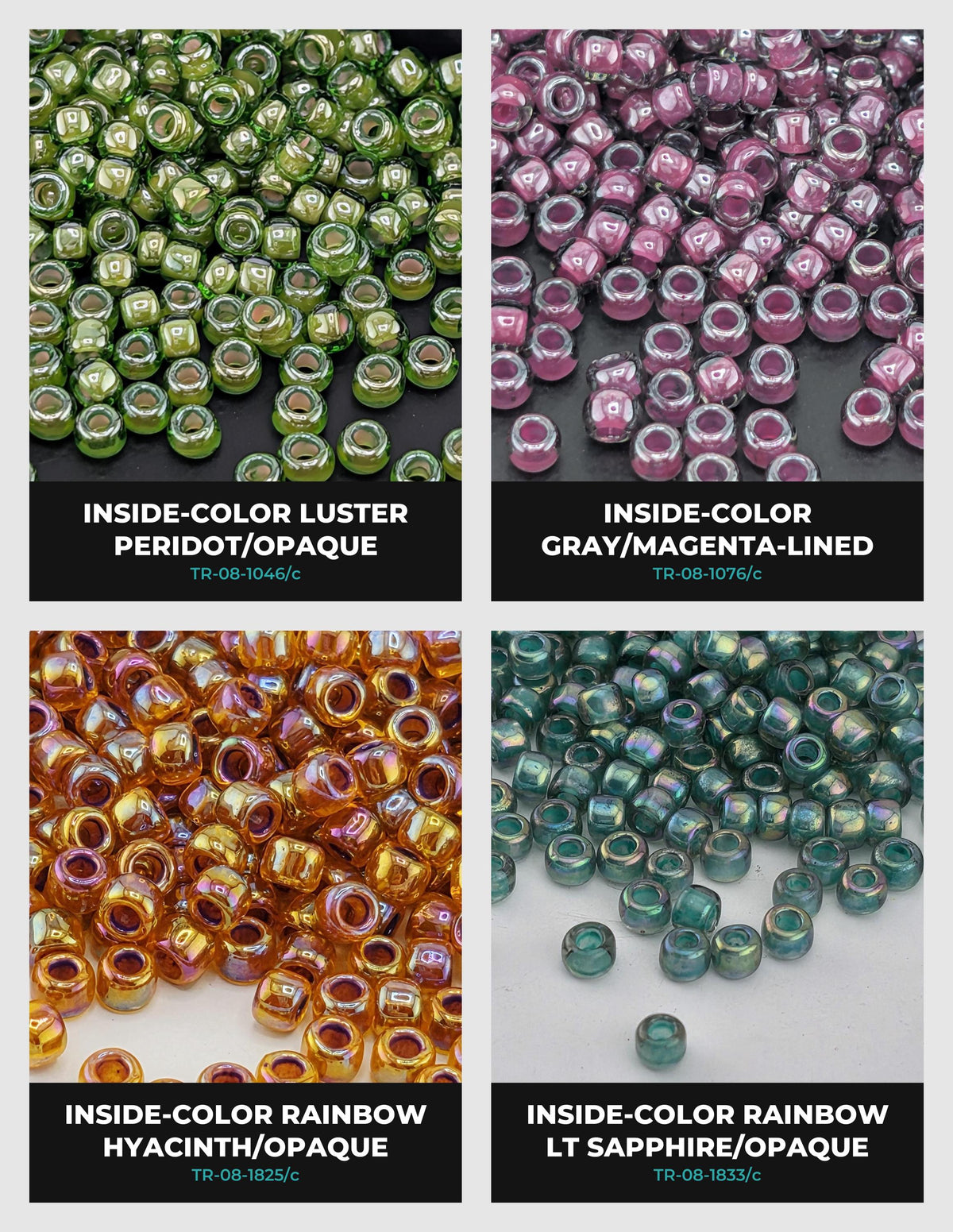 four different groups of beads, each with a unique color and pattern. The first group has green and gold beads, the second group has pink and purple beads, the third group has orange and blue beads, and the fourth group has green and purple beads.