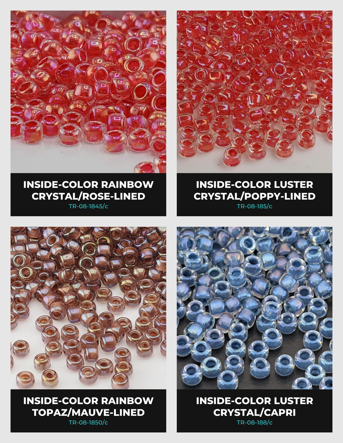 four different types of beads, each with a unique color and luster. The beads are arranged in a grid format, with each row representing a different type of bead and the columns representing the different colors.