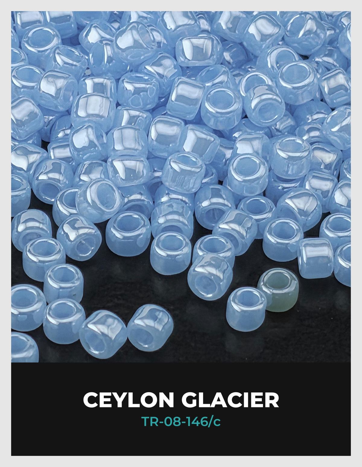 The image is a close-up of numerous transparent blue beads or beads, likely representing a collection or a product. The text "CEYLON GLACIER" is visible, along with the text "TR-08-146/c" in the bottom right corner.