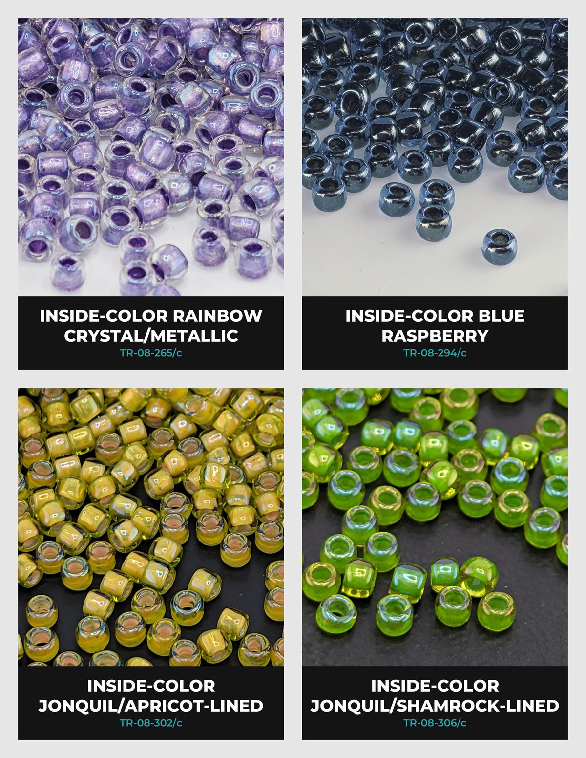 The image is a collage of four images showing different types of beads, including crystals, gemstones, and glass beads.
