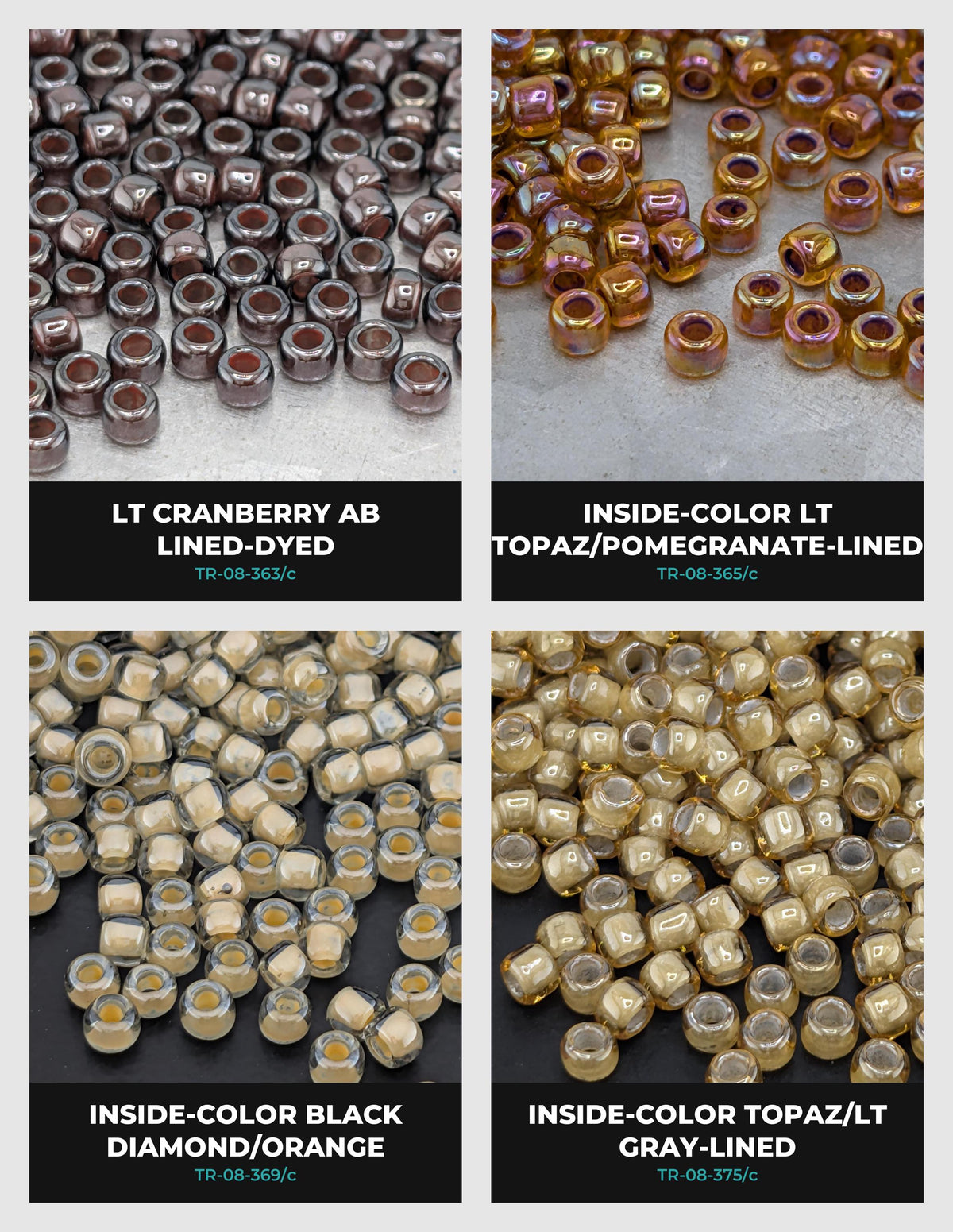 The image is a collage of four images showing different types of beads, including cranberry, black, pomegranate-lined, and grey-lined beads.
