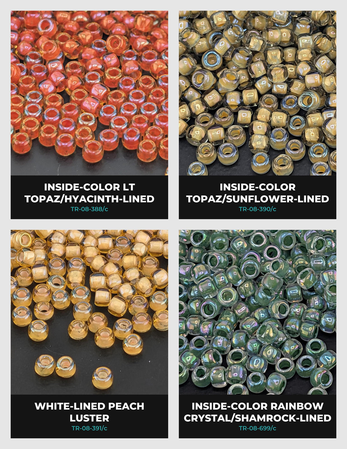 four different types of beads, each with a unique color and pattern. The beads are arranged in a grid format, with each row representing a different type of bead and each column representing a different color. The text labels the beads with their respective colors and patterns, providing a clear visual representation of the variety of beads available.