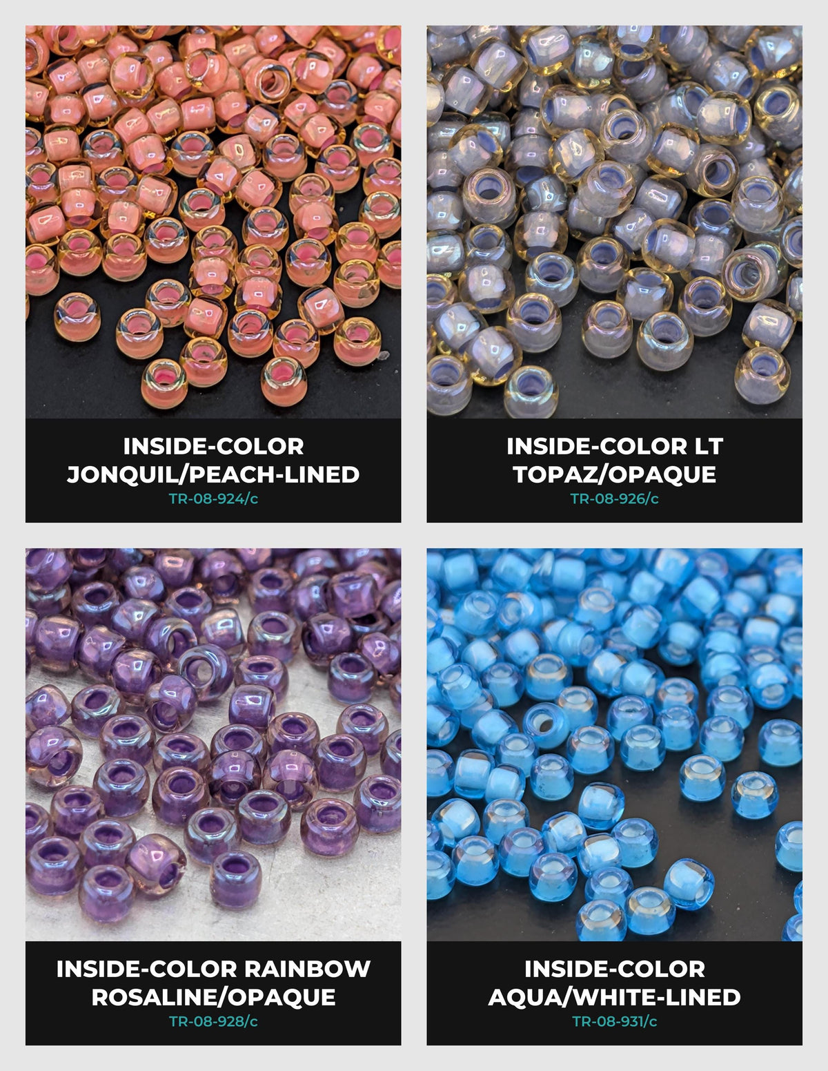 The image is a collage of four images, each showing a different color of beads. The first image displays pink beads, the second image shows purple beads, the third image shows blue beads, and the fourth image shows white beads.