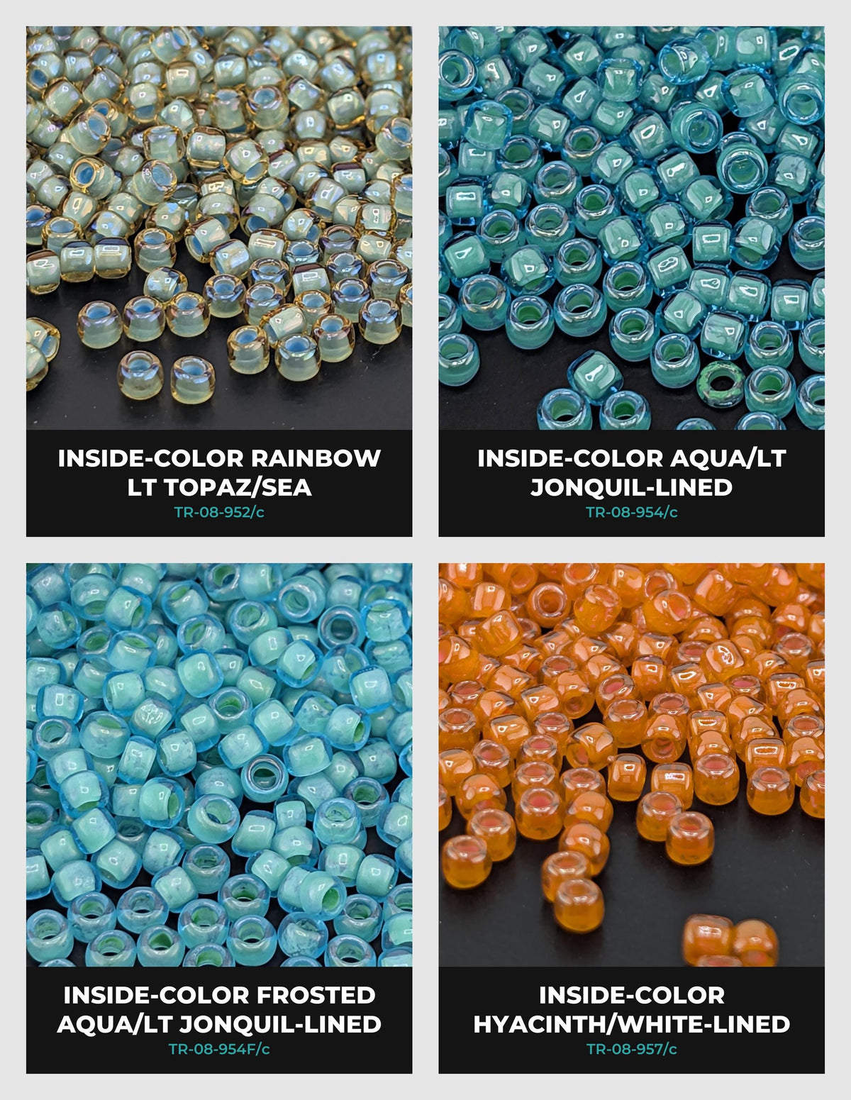 four different types of beads, each with a unique color and texture. The beads are arranged in a grid format, with each row representing a different type of bead and each column representing a different color. The text labels the beads based on their color and type, providing a clear visual representation of the various bead options available.